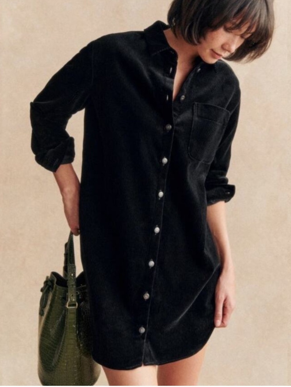 SEZANE Black Velvet Corduroy Button Down Long Sleeve Mini Sadie Shirt Dress - Picture 14 of 14